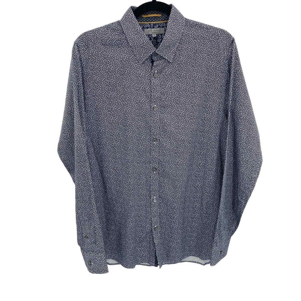 Ted Baker Button Front Shirt Mens 5 Large Blue White Leaf Print 100% Cotton